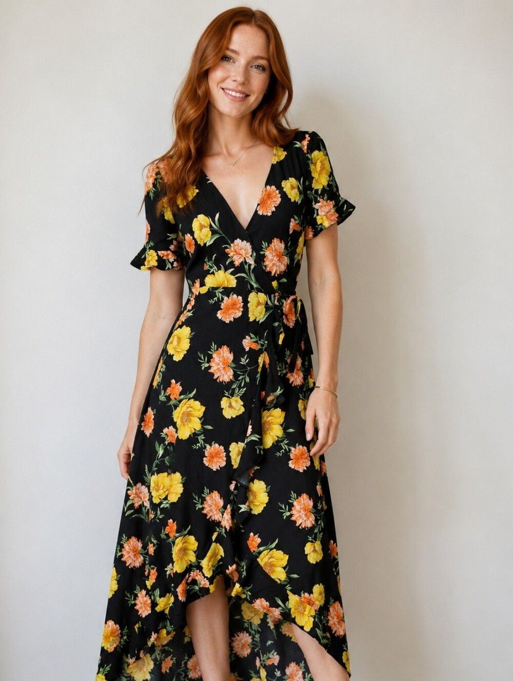 Cottagecore Wrap Dress Black Floral Yellow Orange Chiffon Crepe Ruffle Trim Sz S